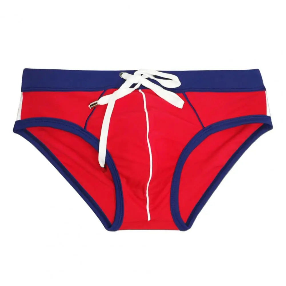 Men Summer Swimming Trucks Boxer Mid-rise Drawstring Patchwork Color Swimming Briefs Quick-Drying Stretch Beach Surfing Briefs