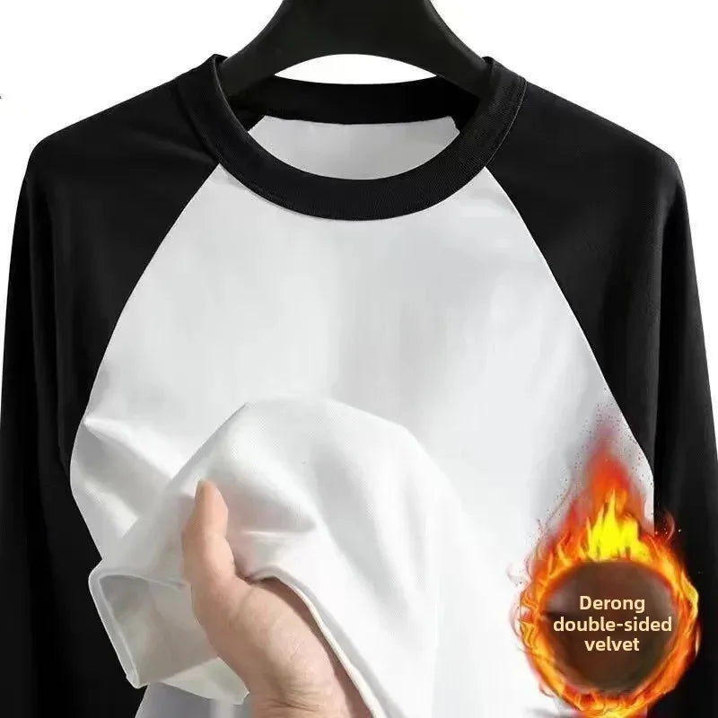 Double-Sided Men's Long Sleeve Crew Neck Thermal T-Shirt Winter Warm Clothing Solid Color Contrast Color German Velvet Base Shirt