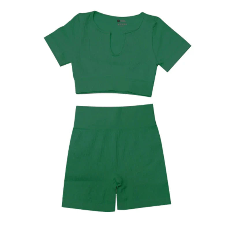 Ribbed Yoga Clothing Sets Women High Waist Shorts Short Sleeve Two Piece Set Seamless Tracksuit Fitness Workout Outfits Gym Wear