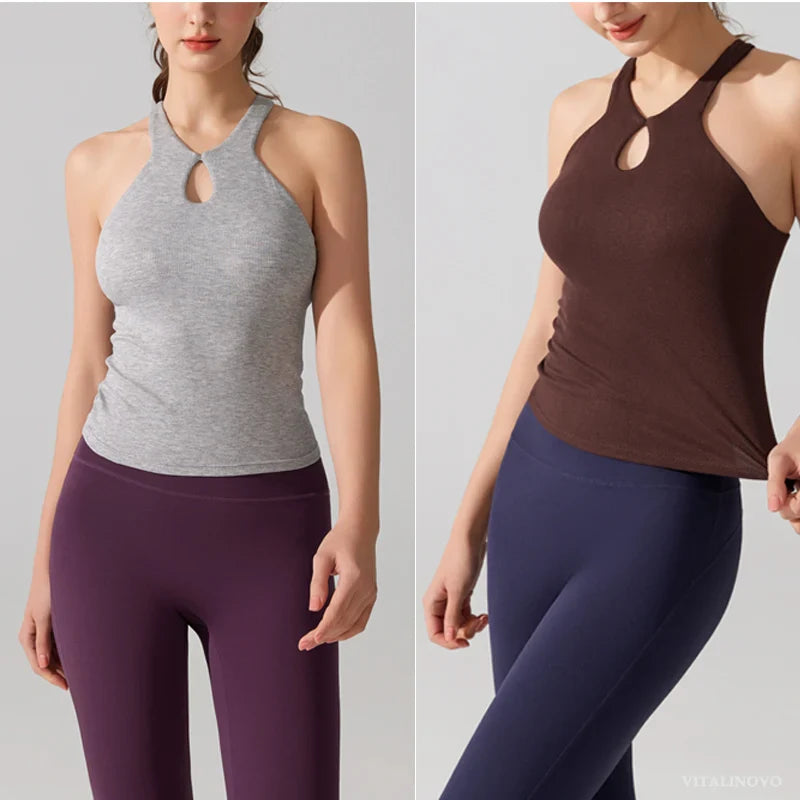 VITALINOVO Women's Tank Top High Neck Ribbed Raceback Going Out Basic Tops with Built-in Bra Summer Sleeveless Yoga Slim Fitted