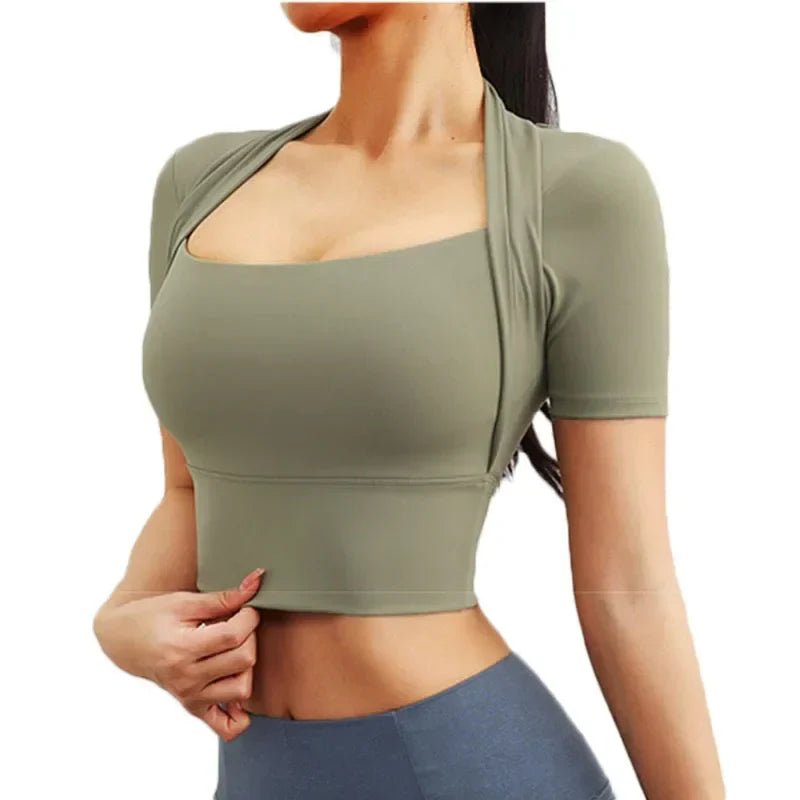 Fabric Yoga Crop Short Sleeve Build-in Bra Square Neck Gym Crop Top Workout Bra Crop U Neck Yoga Crops with Bra