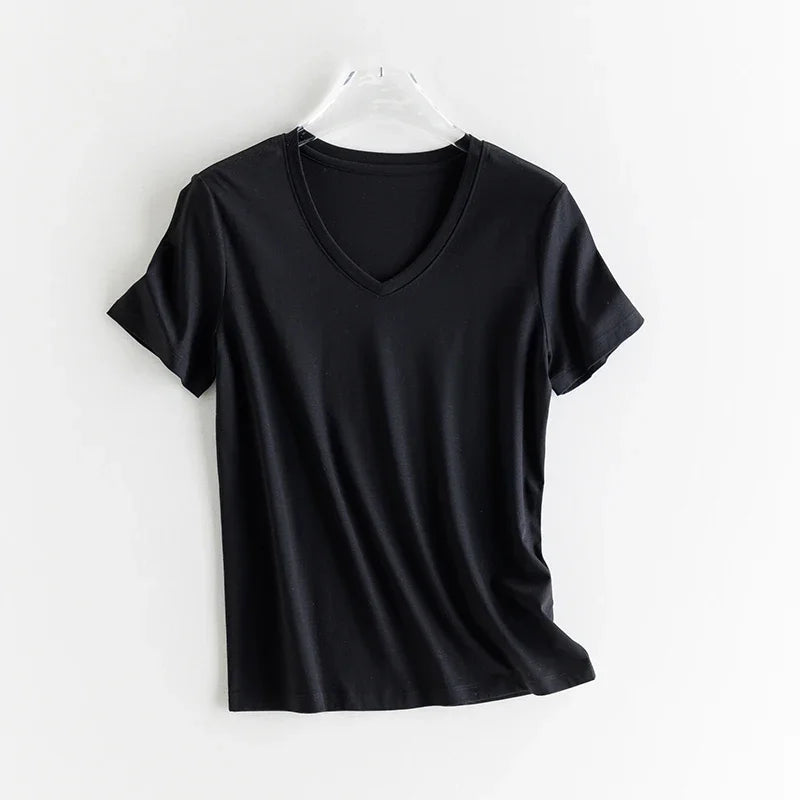 10% Silk & Mercerized Cotton Women T-shirt Luxury Tee Short Sleeve Silky Feeling Summer Wear Tops V / O-neck
