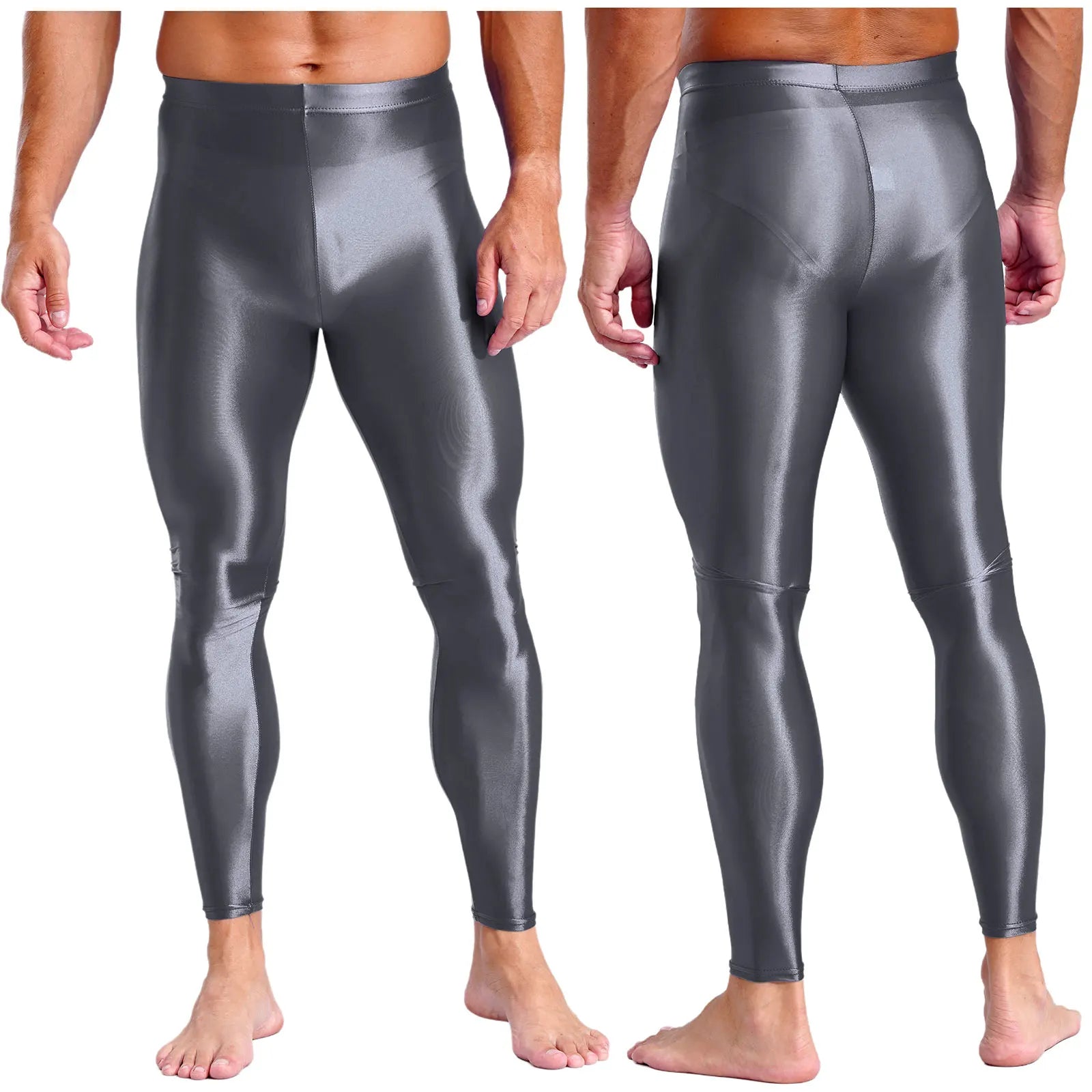 Mens Breathable Pure Color Oil Sports Pants Shiny Metallic Stretchy Casual Leggings Gym Running Workout Fitness Pants Trousers