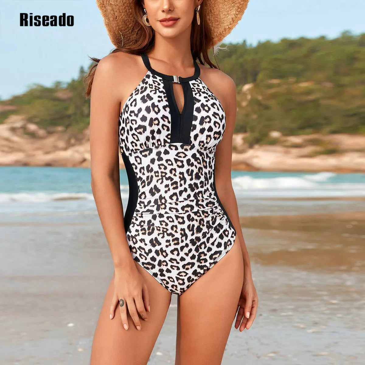Woman Swimsuits Trend Bodysuit One Piece Cut Out Monokini Color Block Ruched Fashion Beach Swimwear