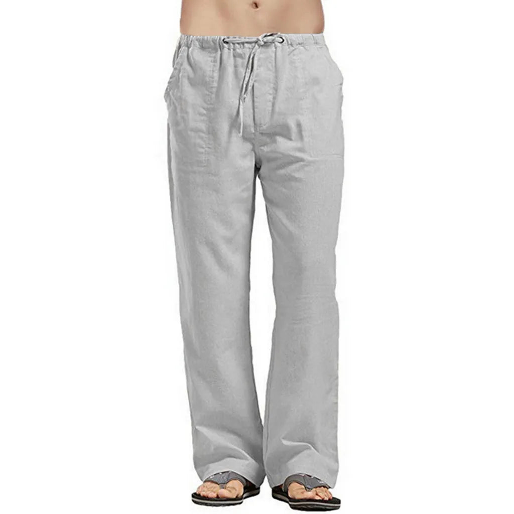 Cotton Linen Harem Pants Men Solid Elastic Waist Streetwear Joggers Baggy Drop-crotch Pants Casual Trousers Men Running