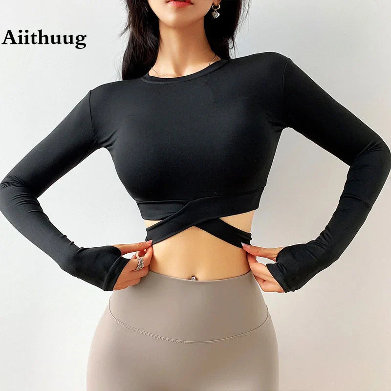 Long Sleeve Crop Tops Yoga Shirts Gym Shirt Women Fitness Workout Tops Slim Fit Top Cross Waist Design