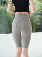 Summer Back Pocket Sharkskin Cycling Shorts Women Cool Knee Length Short Leggings Casual Elastic Sport Biker Shorts