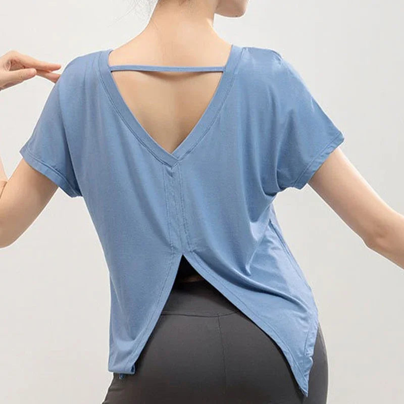 V-Shape Back Split Yoga Top Women's Short Sleeve Lightweight Loose Quick Drying Pilates Dancing Workout Cover-up