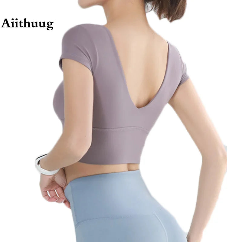 Built-in Cup Gym Crops U Neck Yoga Crop Top Grace Neck Line Bra Elastic Stretchy Fitness Crops Breathable Gym Top