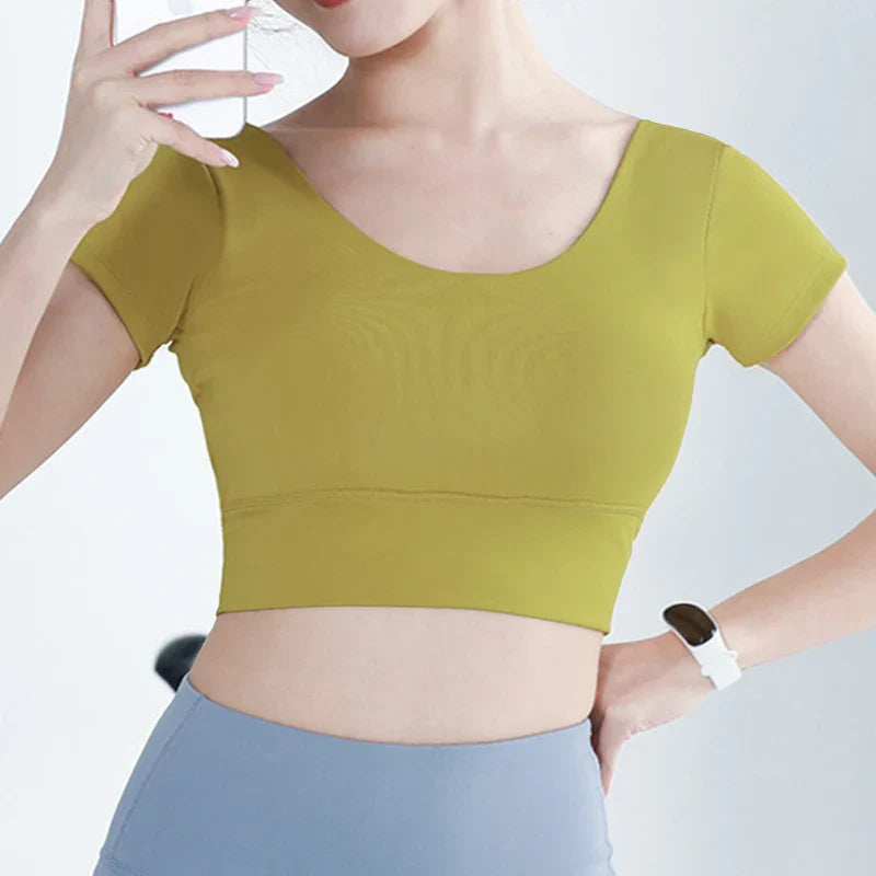 Built-in Cup Gym Crops U Neck Yoga Crop Top Grace Neck Line Bra Elastic Stretchy Fitness Crops Breathable Gym Top