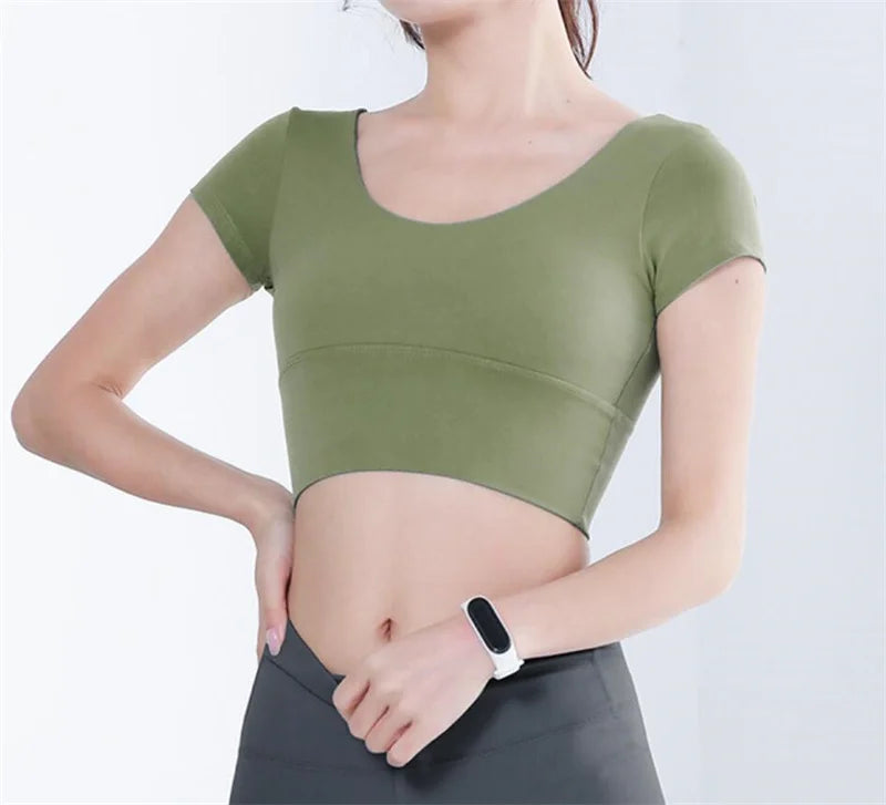 Built-in Cup Gym Crops U Neck Yoga Crop Top Grace Neck Line Bra Elastic Stretchy Fitness Crops Breathable Gym Top