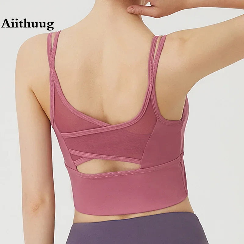 Mesh Breathable Yoga Bra Pilates Crop Bra Yoga Crops Gym Crop Fitness Top Quick Dry Spaghetti Strap Sports Bra