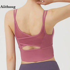 Mesh Breathable Yoga Bra Pilates Crop Bra Yoga Crops Gym Crop Fitness Top Quick Dry Spaghetti Strap Sports Bra