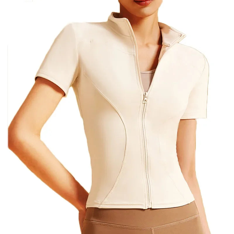 Aiithuug Yoga Tops Zipper Short Sleeve Gym Shirts Waist Slimmer Zip Up Sports Workout Top Fitness Jackets Running Slim Fit Tops