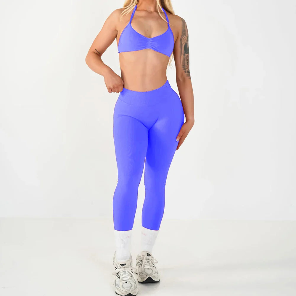 2PCS Seamless Yoga Set Women Workout Scrunch Leggings Strappy Sports Bra Fitness Gym Clothing Workout Set XP389