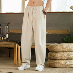 Men Elastic Waist Drawstring Wide Leg Pants Solid Color Loose Fit Casual Linen Blend Trousers