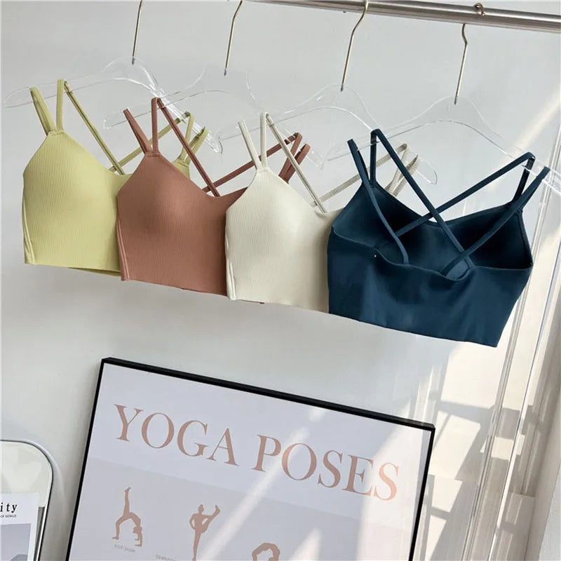 One piece Strappy Yoga Gym Bras Active Wear Women Criss Cross Strap Wireless Sports Bras Top Athletic Brassiere