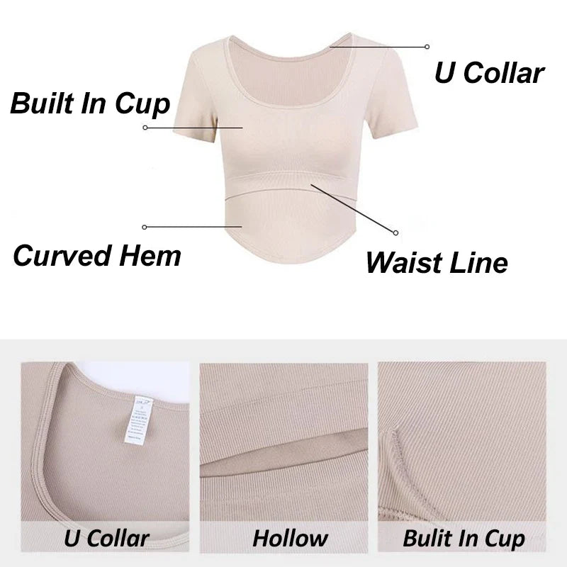 Aiithuug U Neck Yoga Bra Crop Bra Short Sleeve Ribbed Gym Crop Pilates Bras Gym Bra Workout Crops Fitness Top Running Crops