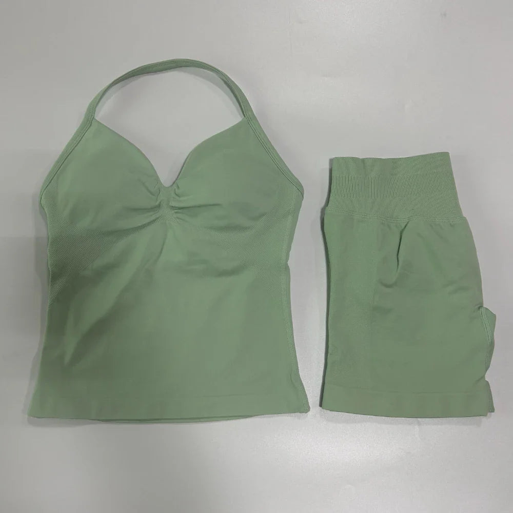 2Pcs Gym Set Women Backless Tank Tops High Waist Scrunch Seamless Shorts Gym Suit Fitness Clothes Activewear Workout Set