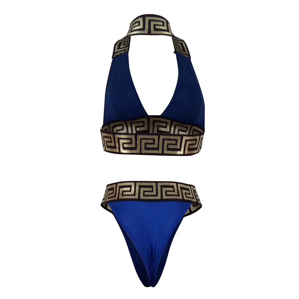 Print Black Push Up Bikini Two Pieces Set Women Swimwear Bandage Halter Swimsuit Bathing Suit