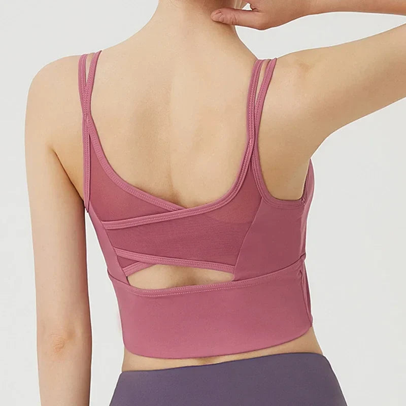 Mesh Breathable Yoga Bra Pilates Crop Bra Yoga Crops Gym Crop Fitness Top Quick Dry Spaghetti Strap Sports Bra