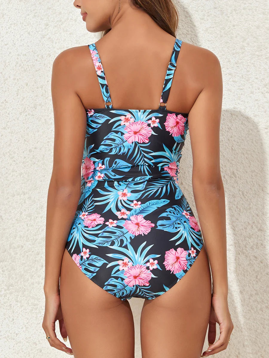 Flowers Tropical and Black Designs Women One Piece Cross Floral Printed Swimwear