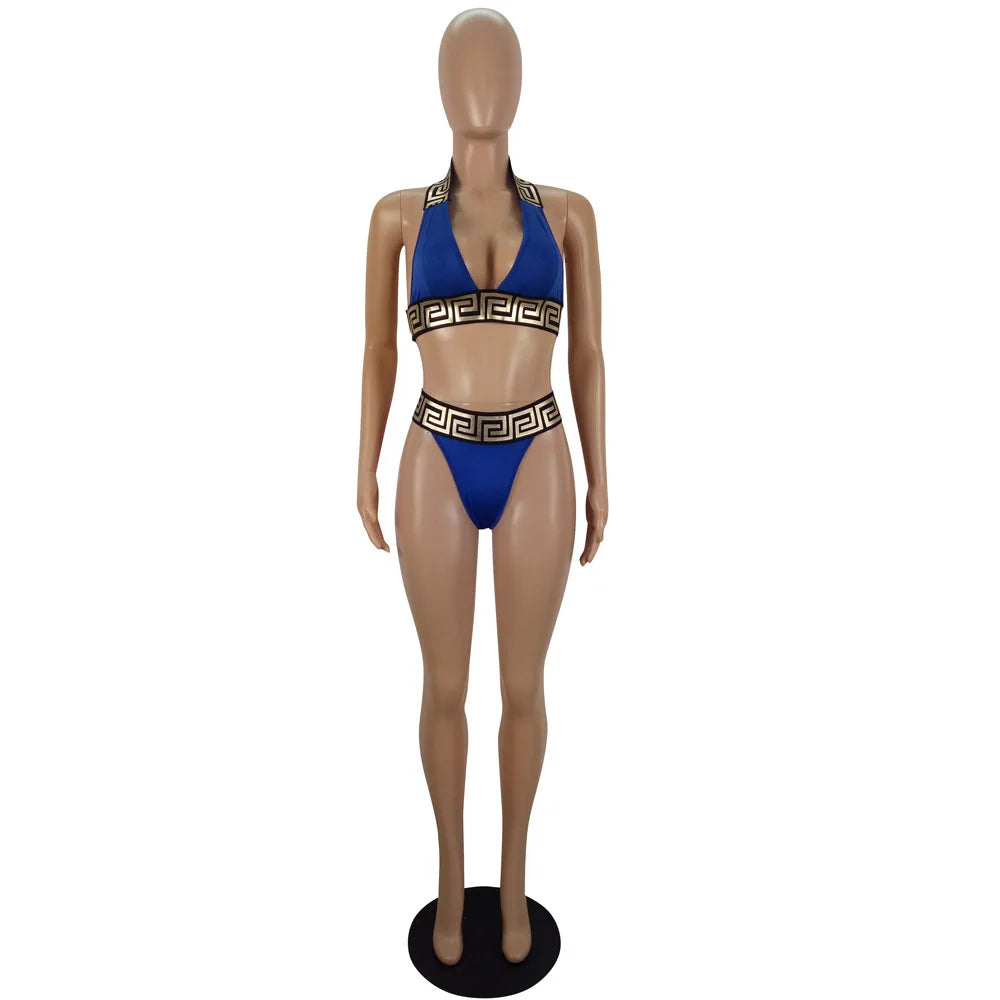 Print Black Push Up Bikini Two Pieces Set Women Swimwear Bandage Halter Swimsuit Bathing Suit