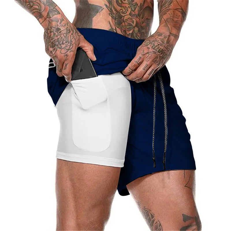 European Men's Sports Summer Double Layer Mobile Phone Pants Gym Exercise Jogging Training Shorts