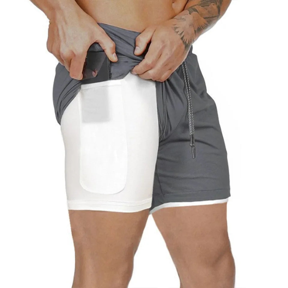 European Men's Sports Summer Double Layer Mobile Phone Pants Gym Exercise Jogging Training Shorts