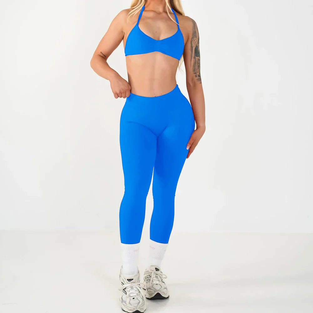 2PCS Seamless Yoga Set Women Workout Scrunch Leggings Strappy Sports Bra Fitness Gym Clothing Workout Set XP389