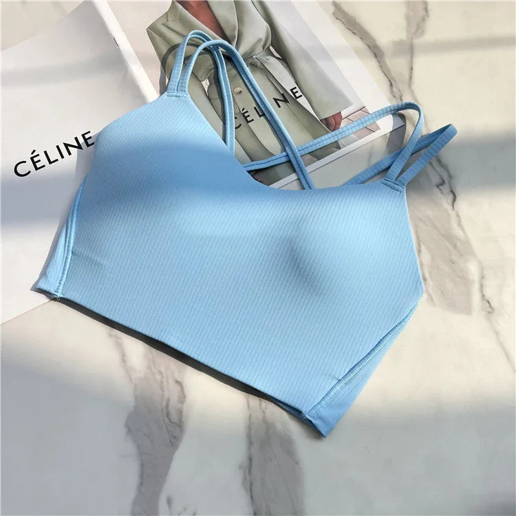 One piece Strappy Yoga Gym Bras Active Wear Women Criss Cross Strap Wireless Sports Bras Top Athletic Brassiere
