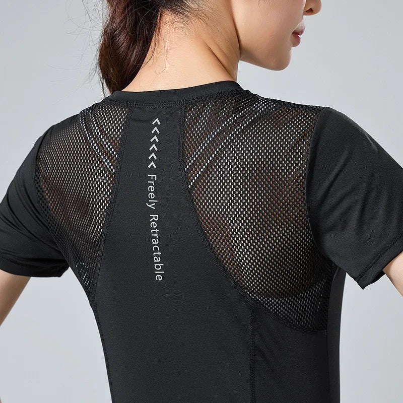 PofyBofy Mesh Stitching Reflective Strip Back Quick Dry Elastic Breathable Basic Short Sleeve Yoga T-shirt Women Gym Fitness Top