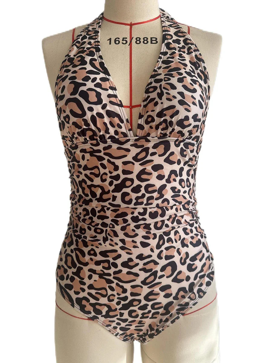 Leopard Swimsuit Women One Piece Halter Swimwear Female Solid Backless Bathers Bathing Swimming Swim Suit Beachwear