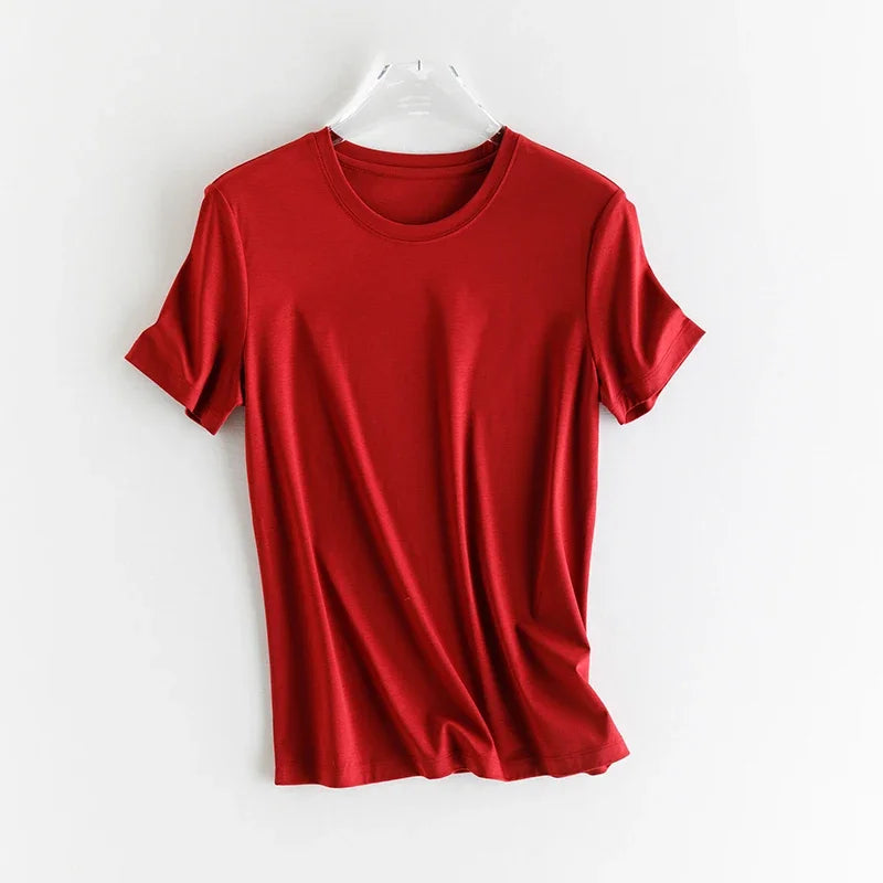 10% Silk & Mercerized Cotton Women T-shirt Luxury Tee Short Sleeve Silky Feeling Summer Wear Tops V / O-neck