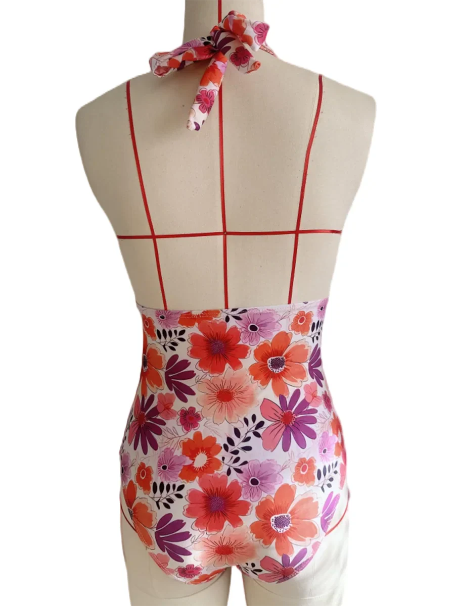 Leopard Swimsuit Women One Piece Halter Swimwear Female Solid Backless Bathers Bathing Swimming Swim Suit Beachwear
