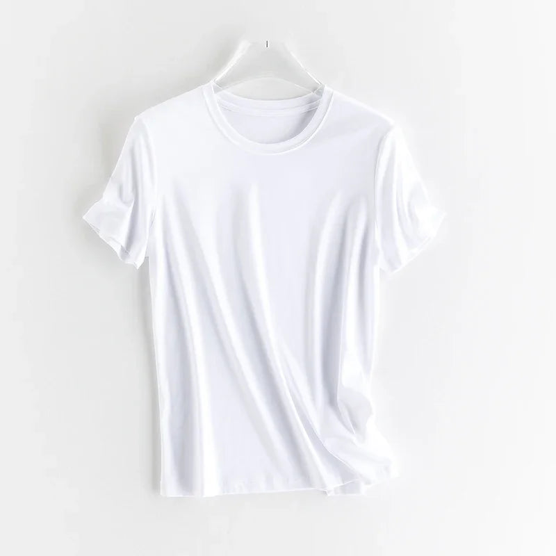 10% Silk & Mercerized Cotton Women T-shirt Luxury Tee Short Sleeve Silky Feeling Summer Wear Tops V / O-neck