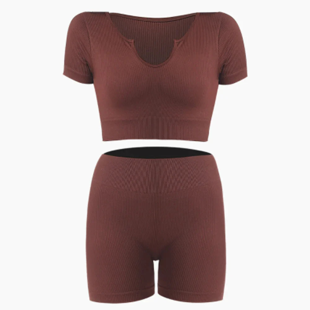 Ribbed Yoga Clothing Sets Women High Waist Shorts Short Sleeve Two Piece Set Seamless Tracksuit Fitness Workout Outfits Gym Wear