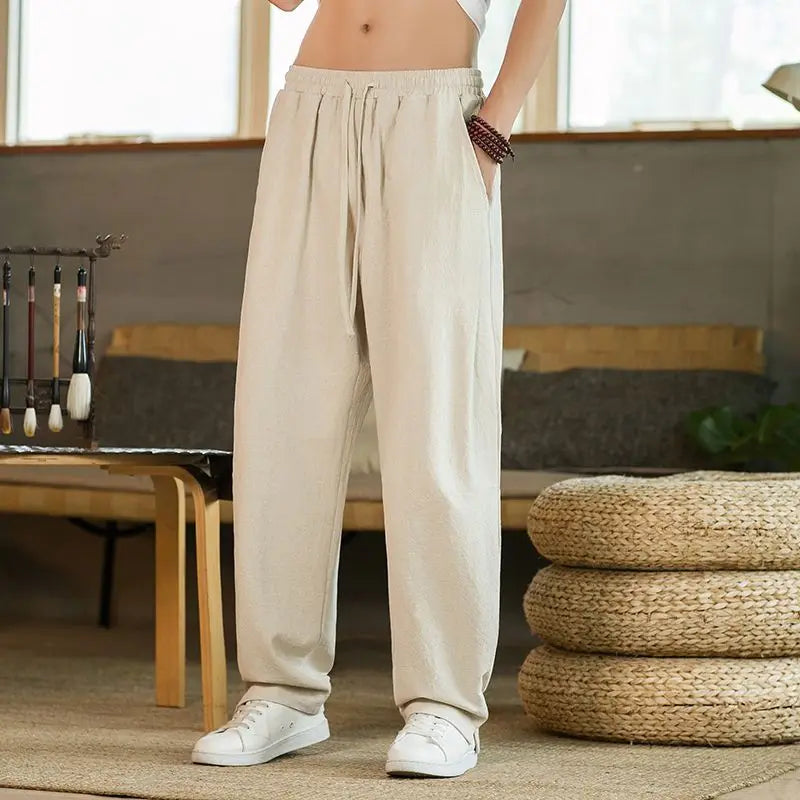 Men Elastic Waist Drawstring Wide Leg Pants Solid Color Loose Fit Casual Linen Blend Trousers