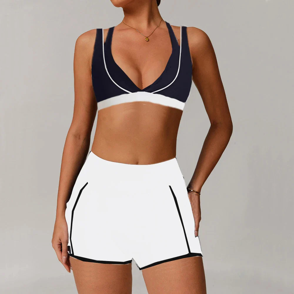 Pad 2PCS Yoga Set Sports Bras V-Neck Halter Pocket Fitness Workout Running Leggings Gym Woman Active Wear Clothing