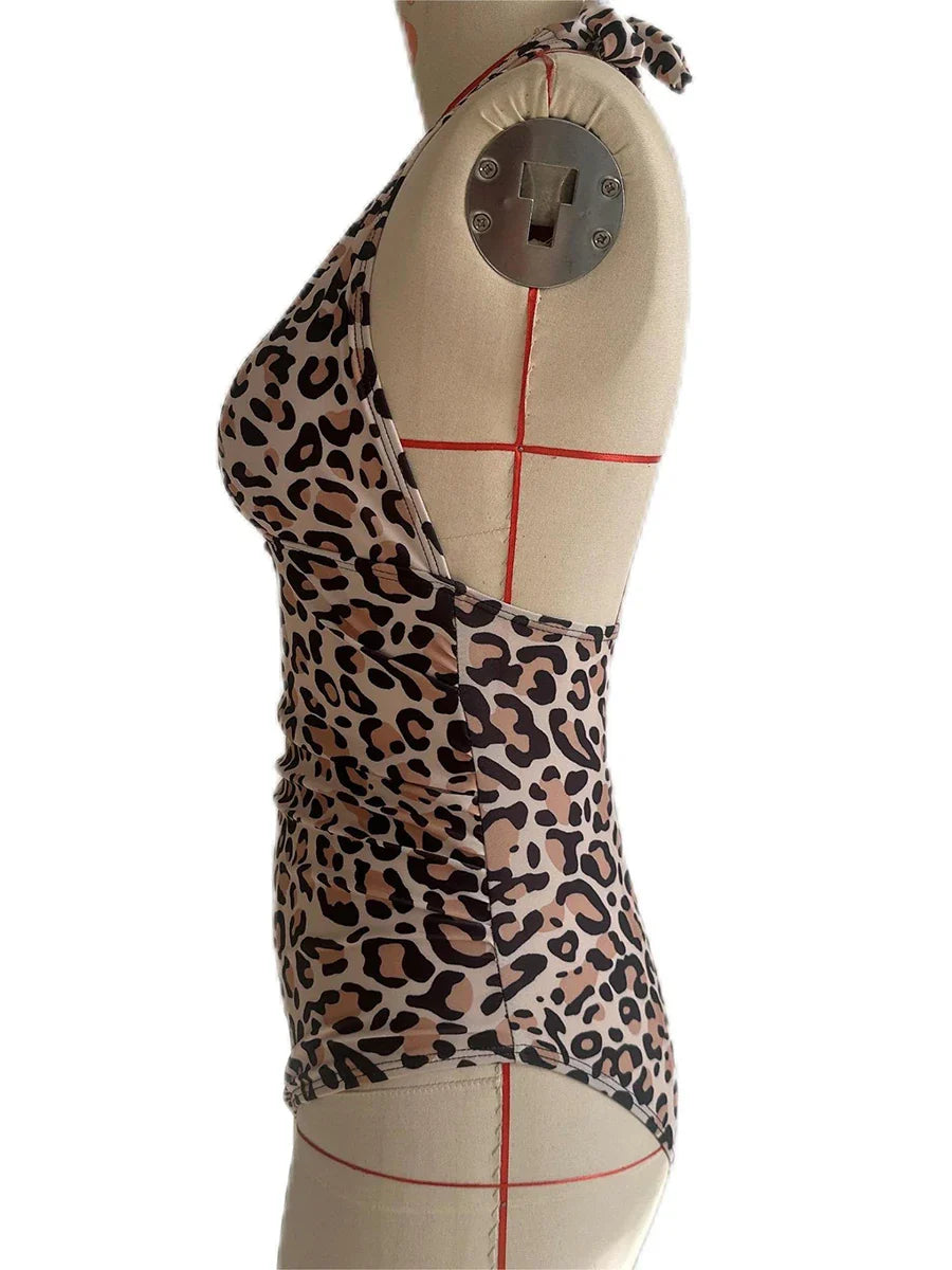 Leopard Swimsuit Women One Piece Halter Swimwear Female Solid Backless Bathers Bathing Swimming Swim Suit Beachwear