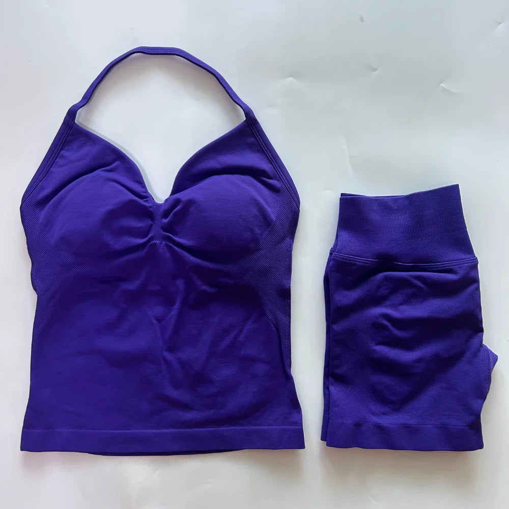 2Pcs Gym Set Women Backless Tank Tops High Waist Scrunch Seamless Shorts Gym Suit Fitness Clothes Activewear Workout Set