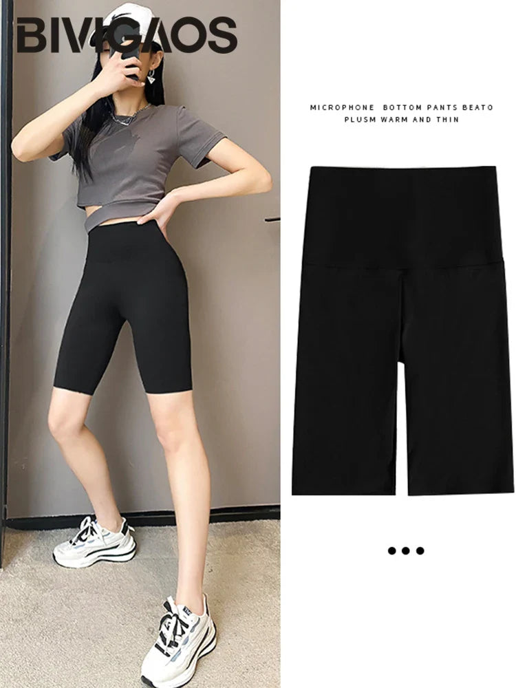 BIVIGAOS Summer Basic Cycling Shorts Women Casual Sharkskin Knee Length Short Legging High Waist Tight Sport Running Biker Short