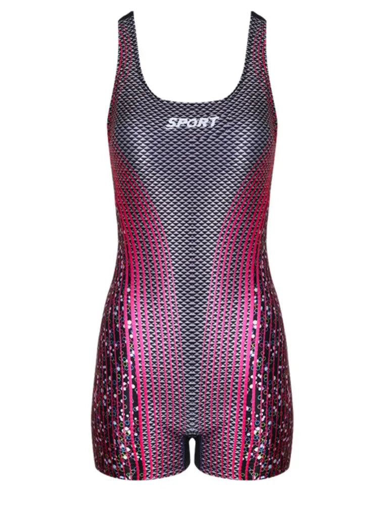 One Piece Women Pro Sports Swimwear Boyleg Above Knee Length Sport Swimsuit Patchwork Beach Wear Bathing Suit