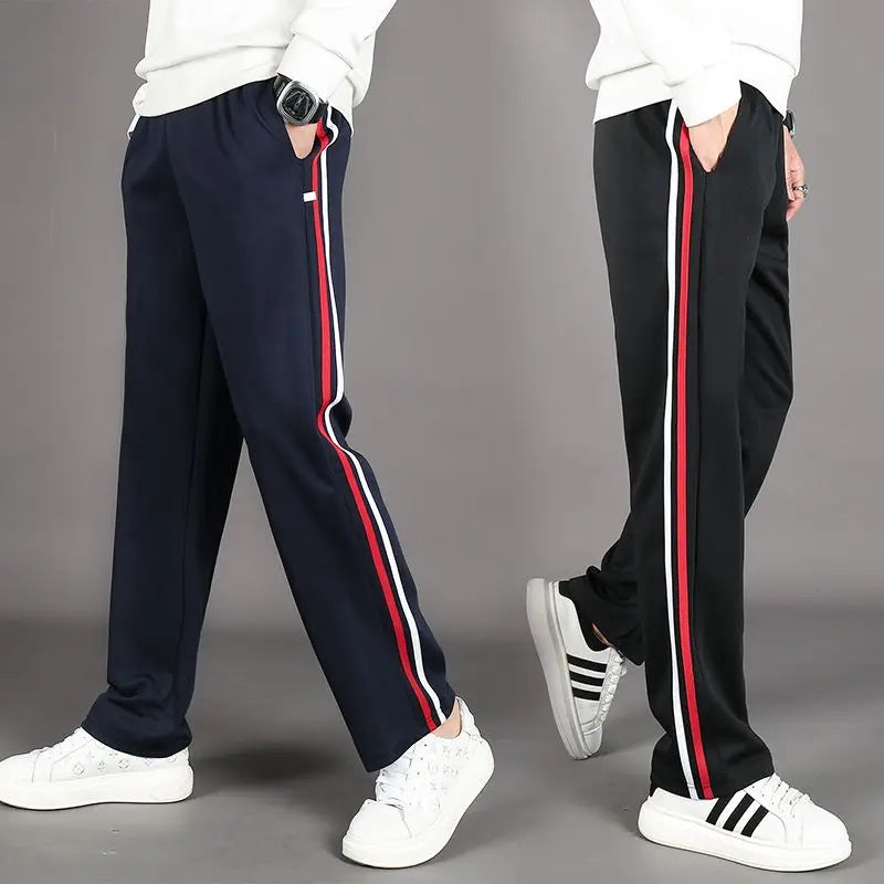 Red White Stripes Casual Sports Pants Solid Elastic Waist Pockets Durable Breathable Straight Trousers