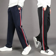 Red White Stripes Casual Sports Pants Solid Elastic Waist Pockets Durable Breathable Straight Trousers