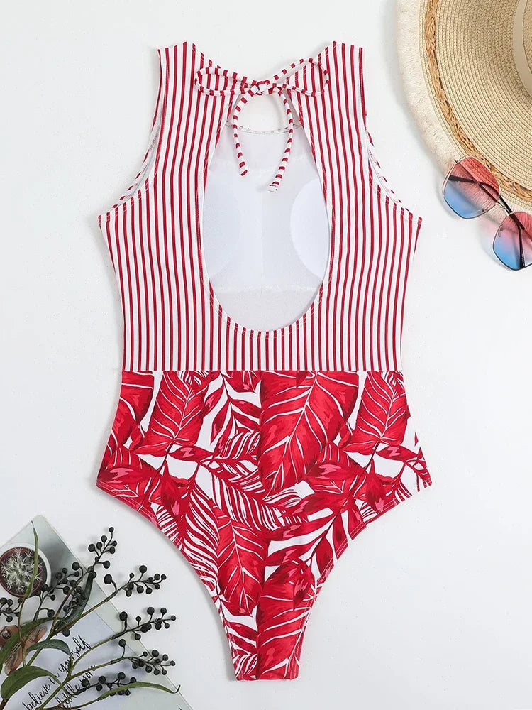 One Piece Swimsuit Women Striped Print Beachwear Hollow Out Lace Up Monokini Summer 2026 Bikinis Beach Fashion Bodysuit