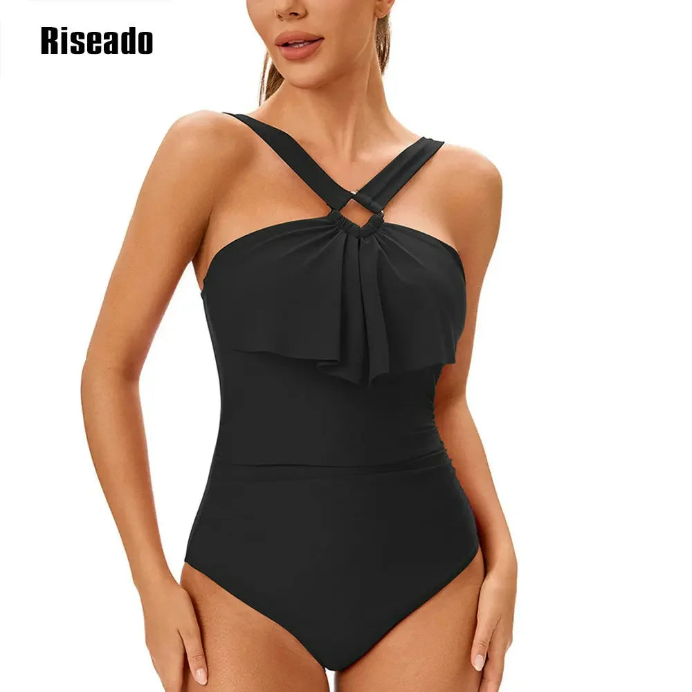 Women's One Piece Swimsuits Tummy Control Halter High Waisted Bathing Suit with Ruffle Shoulder