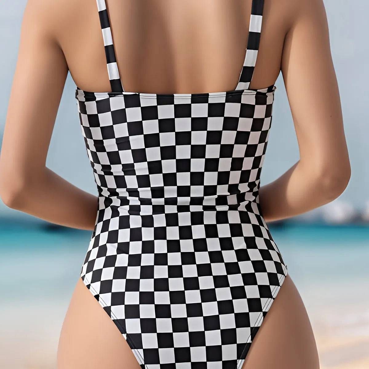Checkered Flag Style Plaid One Piece Swimwear Strap Beach Surfing Women's Swimsuit Crossbody Swimwear Quick Dry Tight Fit Polyester Fabric