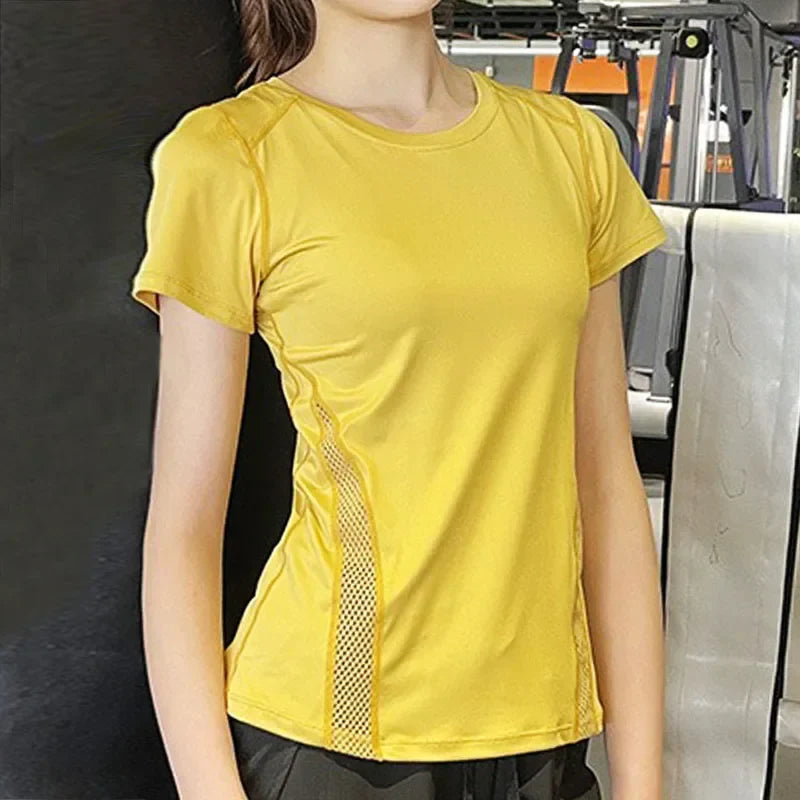 PofyBofy Breathable Mesh Splicing Reflective Strip Back Quick Dry Stretchy Women Short Sleeve T-shirt Yoga Gym Running Sport Top