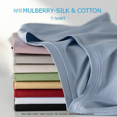 10% Silk & Mercerized Cotton Women T-shirt Luxury Tee Short Sleeve Silky Feeling Summer Wear Tops V / O-neck